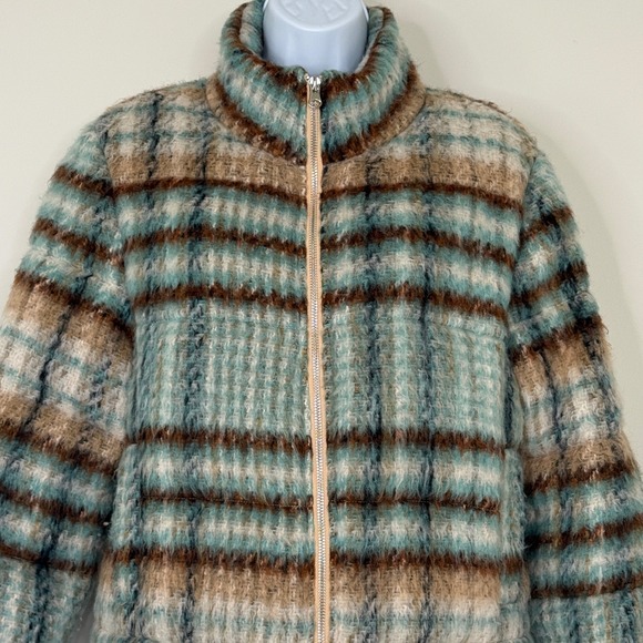 Anthropologie Blue and Brown Plaid Bomber Jacket - Picture 3 of 9